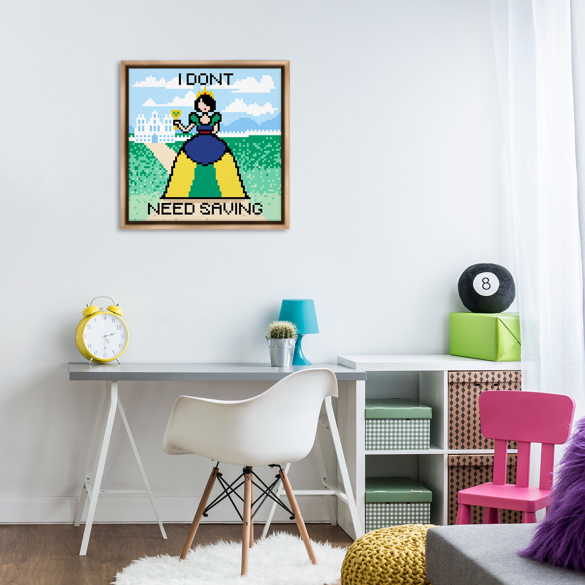 Stupell Industries Don't Need Saving Pixel Princess People Painting Brown Floater Framed Canvas Art Print Wall Art, 25 x 25