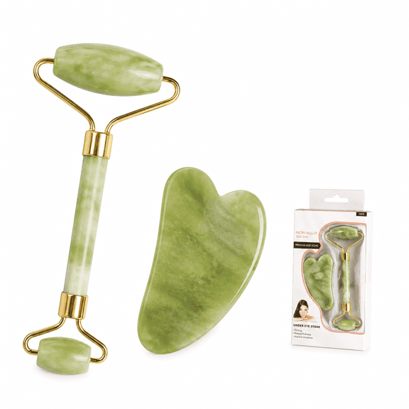 Generic Jade Roller and Gua Sha Facial Tool Set, Green Stone Face Massage Roller with Heart Shaped Gua Sha Scraping Tool for Skincare Routine, Facial Massage Beauty Tools for Women and Men