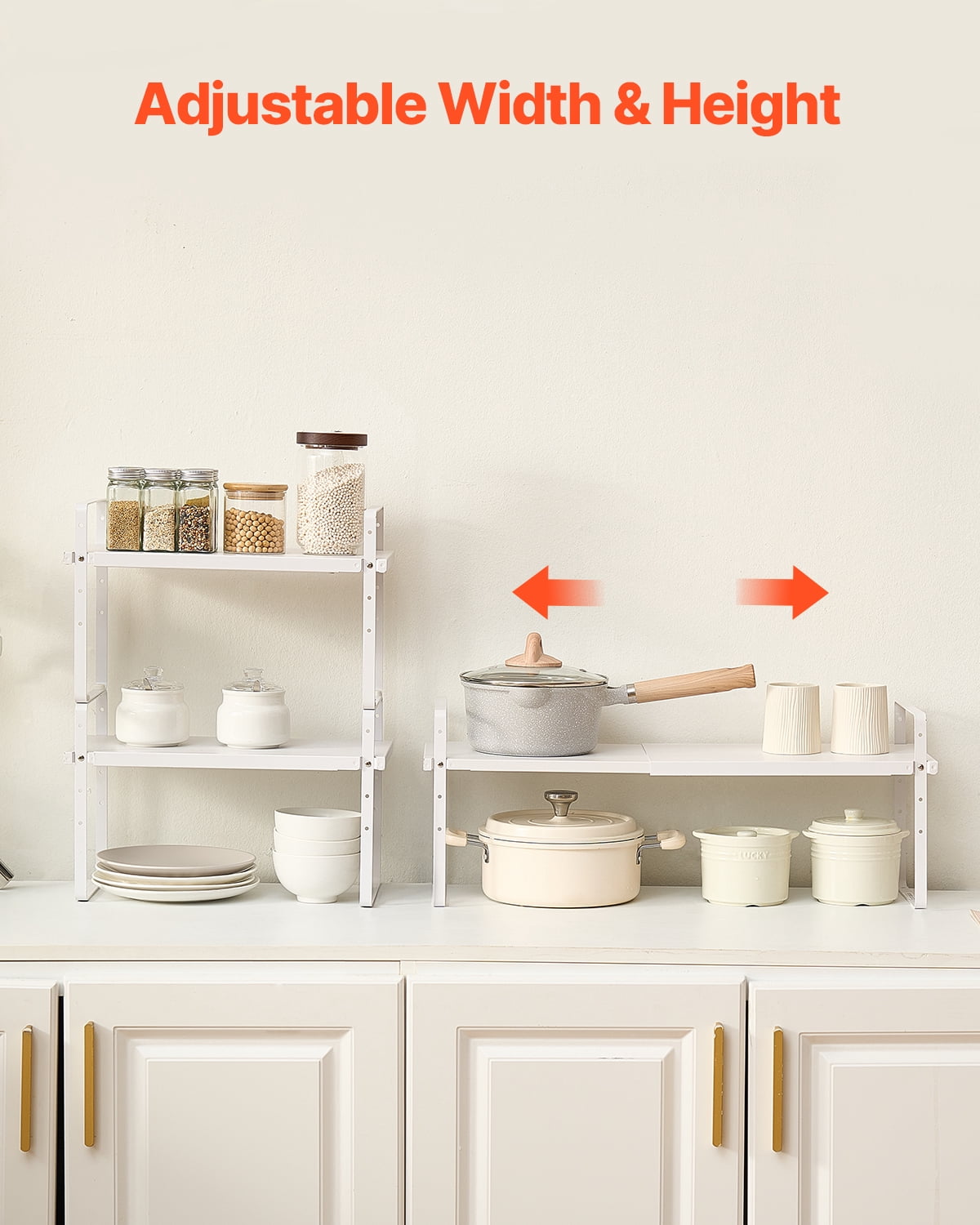 VEVOR Adjustable Kitchen Cabinet Shelf Organizer, Expandable 2 Tier Cabinet Shelf, Stackable Countertop Organizers and Storage Shelf Risers, Pantry Organizers for Kitchen Bathroom Office, White