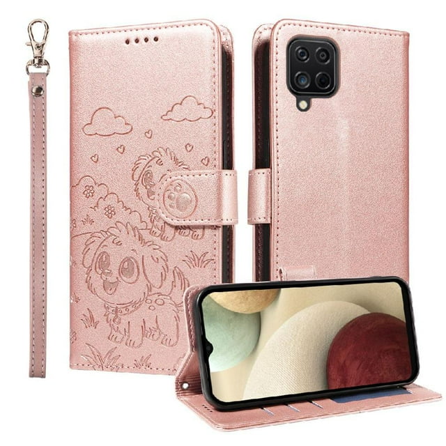 Funda Cartera GANGXUN con Diseño de Perrito en Relieve para Samsung Galaxy A12/M12 , Protección 360° con Ranuras y Correa Desmontable