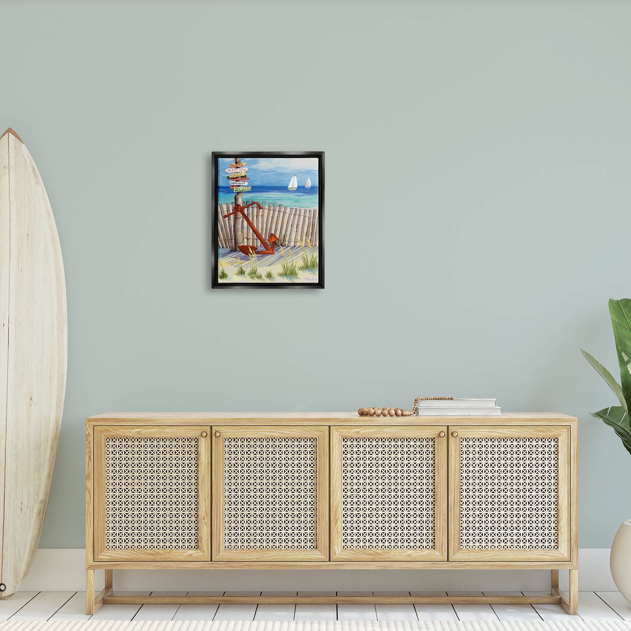 Anchor Leaning Beach Directions Sign Coastal Painting Jet Black Framed Art Print Wall Art