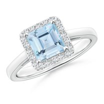 ANGARA Natural Classic Square Aquamarine Halo Ring in 14K White Gold for Women (Size-6mm) | March Birthstone, Birthday, Anniversary, Jewelry Gift for Women | Natural Aquamarine Ring