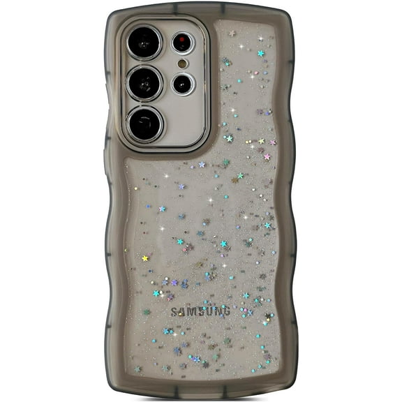 for Galaxy S23 Ultra Case 6.8",Curly Wavy Anti-Slip Grip Design Bling Cute Transparent Glitter Star Shiny Case Clear Sparkly Bumper Protection Soft Phone Cover Case for Women Girls,Black