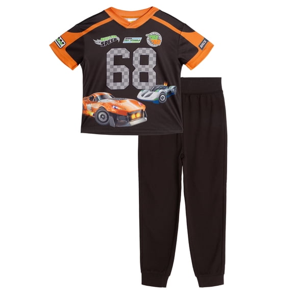 Hot Wheels Mesh V-neck T-Shirt and French Terry Jogger Pants Outfit Set Toddler to Little Kid