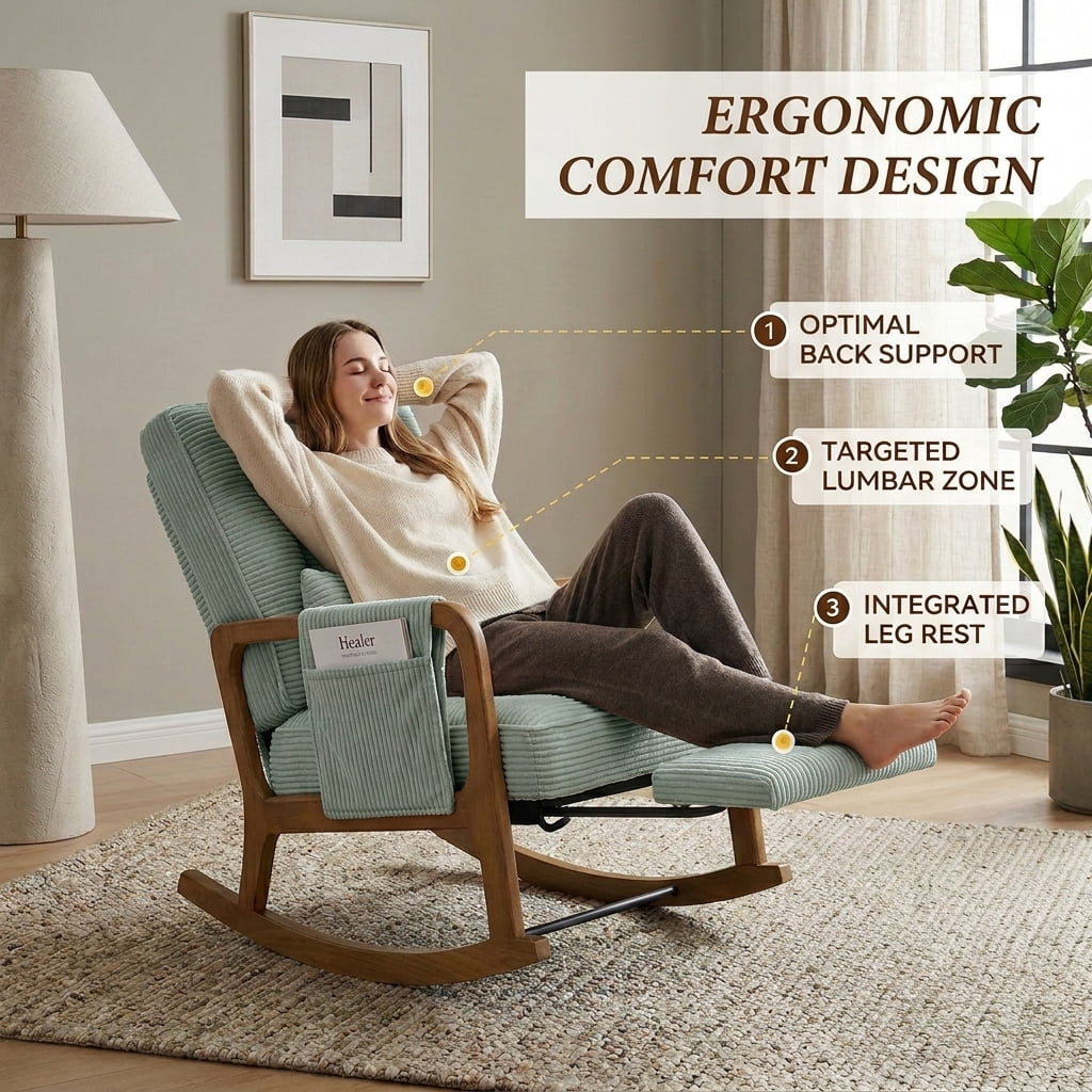 MOONMISS Rocking Chair with Footrest,Rocker Nursery Chair with Side Pocket,Glider Rocker,Accent Reading Chair for Living Room,Mint Green