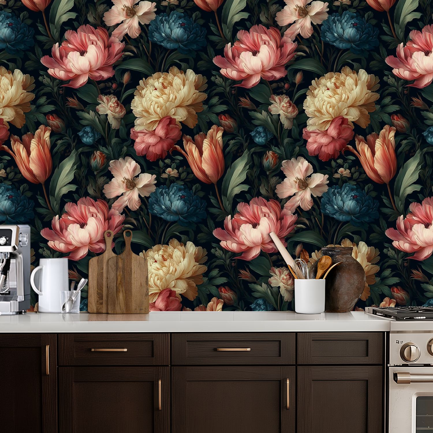 Peel and Stick Wallpaper 17.7in x 9.8ft Elegant Floral Bouquet Soft Pink Blue Blossoms Dark Contact Paper Vinyl Self-Adhesive Removable Wall Paper for Bedroom DIY Home Decor Renter Friendly