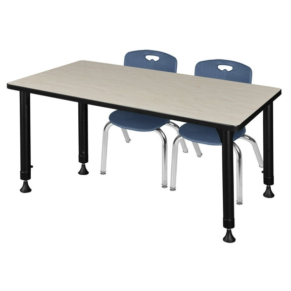 Regency Kee 48 x 30 in. Adjustable Classroom Table- Maple & 2 Andy 12 in. Stack Chairs- Blue