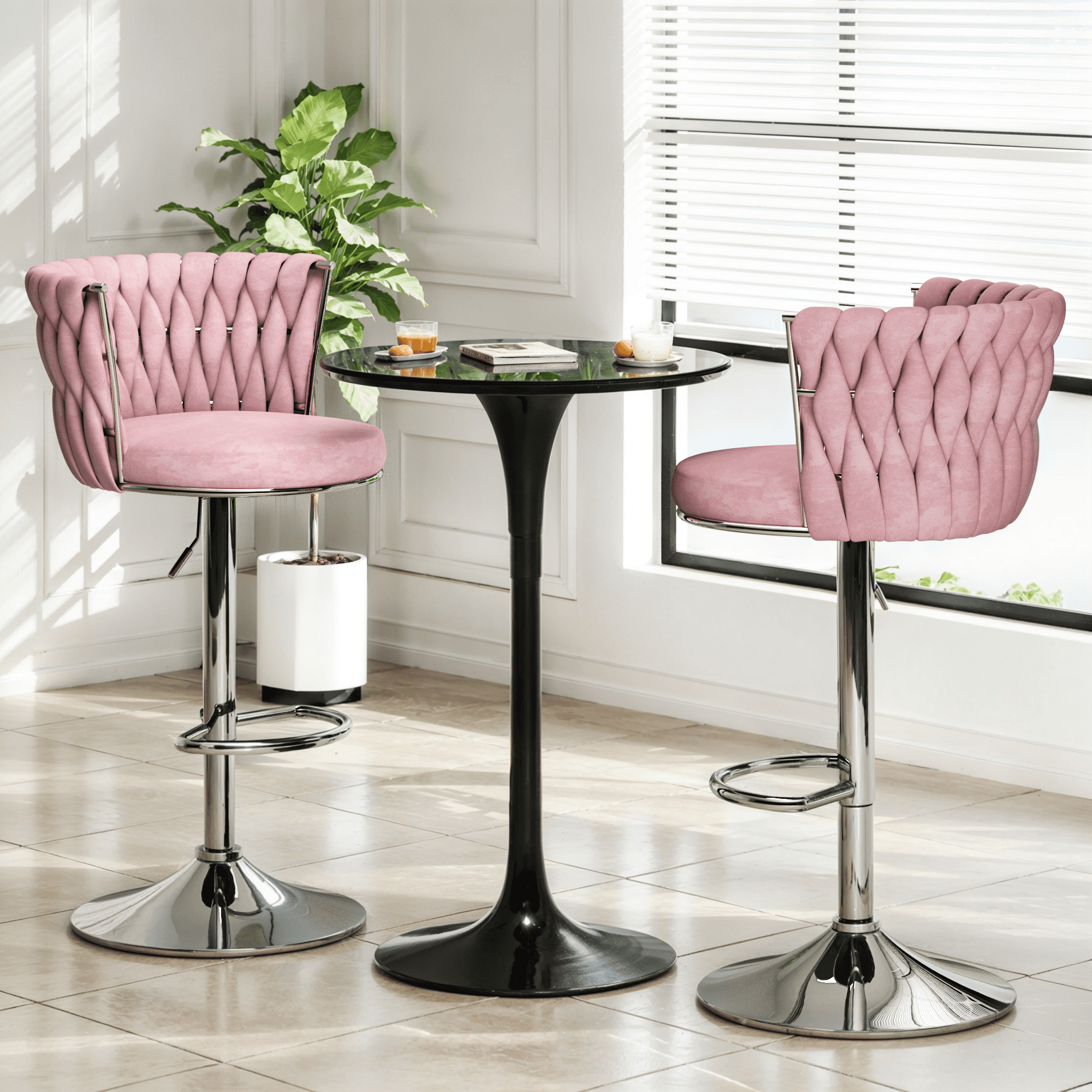Mieres Velvet Bar Stools Set of 2, Adjustable Height Swivel Pub Chairs with Woven Back, Counter Height Dining Chairs with Footrest, 360° Rotating Kitchen Island Stools for Home & Bar, Pink