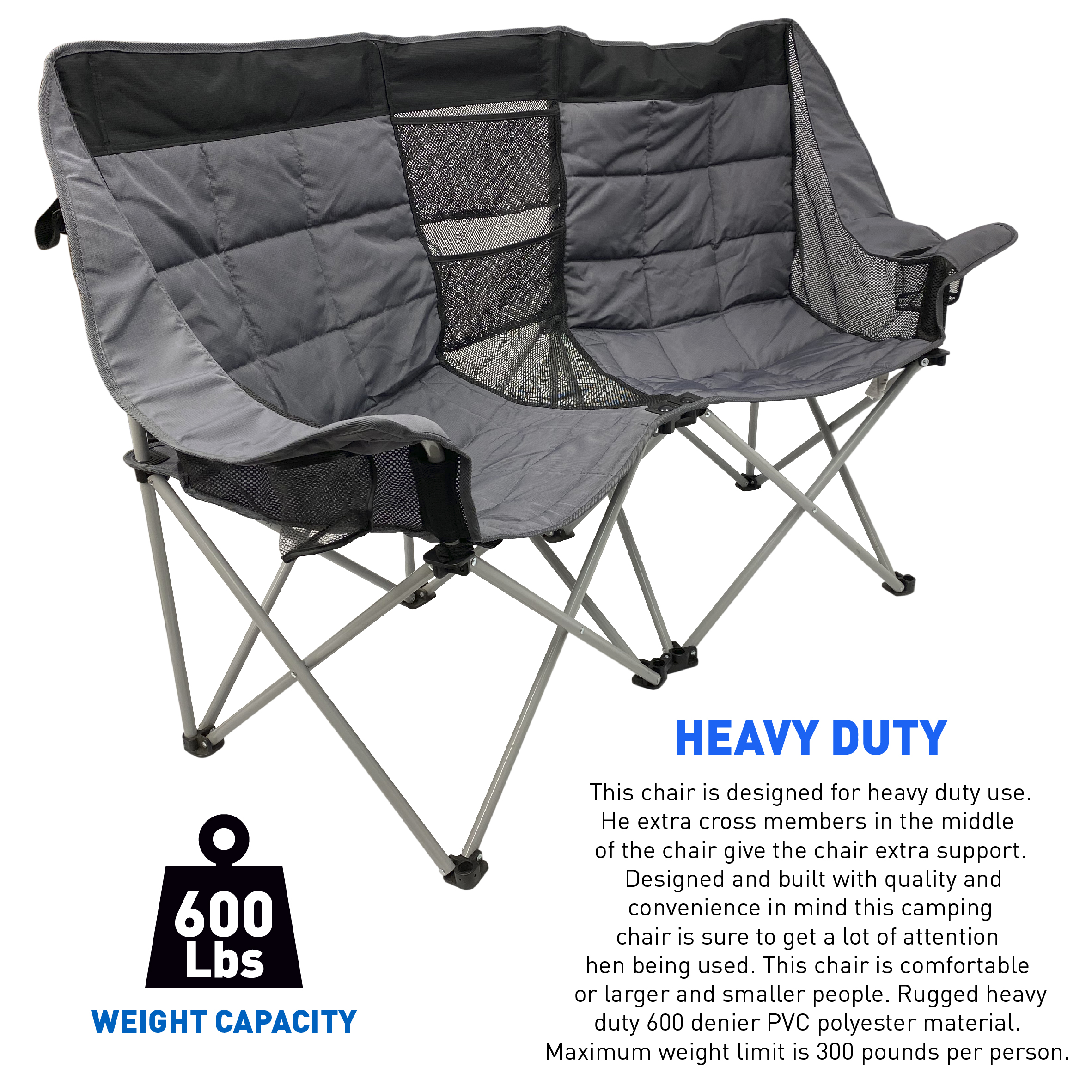 EasyGo Product Camping Chair - Double Love Seat - Heavy Duty Oversized Camping RV Chair Folds Easily and is Padded - Black Grey - image 2 of 5