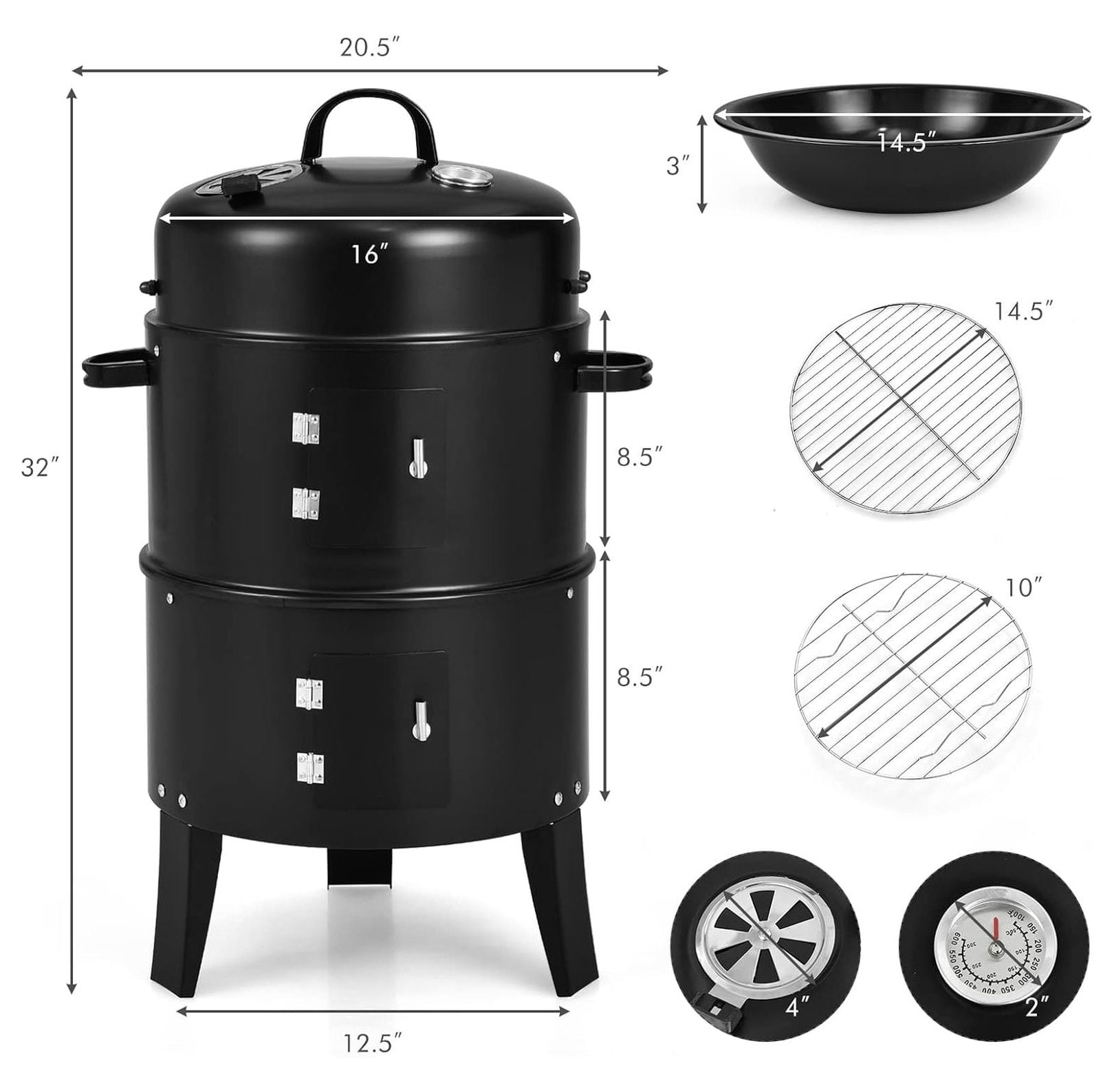 3-in-1 Charcoal Smoker Grill, Outdoor Vertical Charcoal Smoker with Built-in Thermometer & Adjustable Vent System, 2-Layer Separable BBQ Grills for Camping & Family Cooking