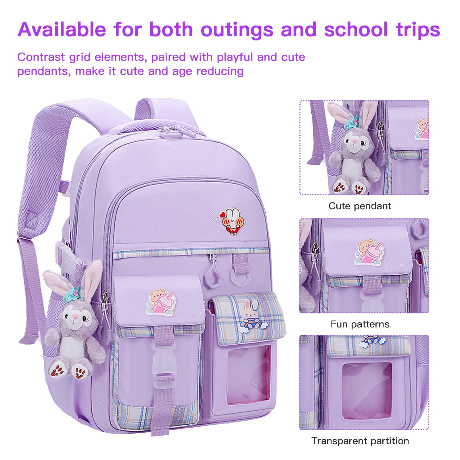 Kadyn Travel Backpacks, Cute Bookbag for Teen, Multifunctional School Durable Schoolbag with Lina Bell, 3 Decorative Cards and Lunch Bag, Purple
