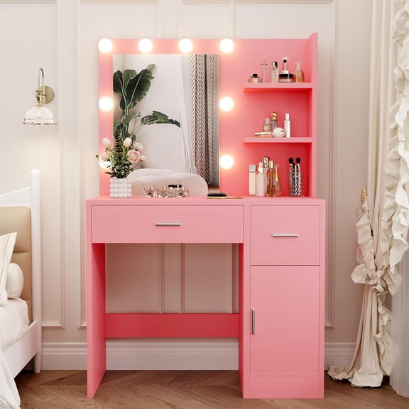 Yongchuang Pink Vanity Desk with Mirror and Lights, Makeup Vanity with Drawers and Cabinet, Small Dressing Table for Girls, Women