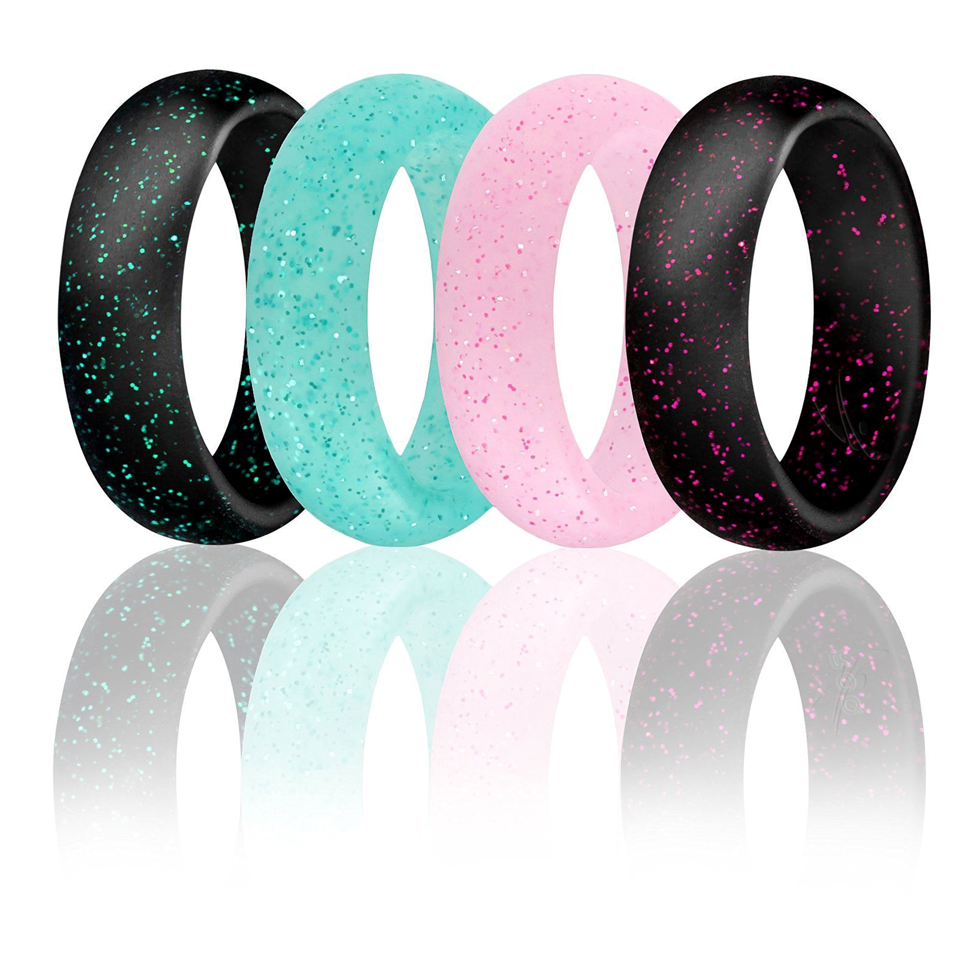 White with Pink Glitter Turquoise Size 7 Pink Set of 4 Silicone Rubber Wedding Bands Silver ROQ Silicone Wedding Ring for Women
