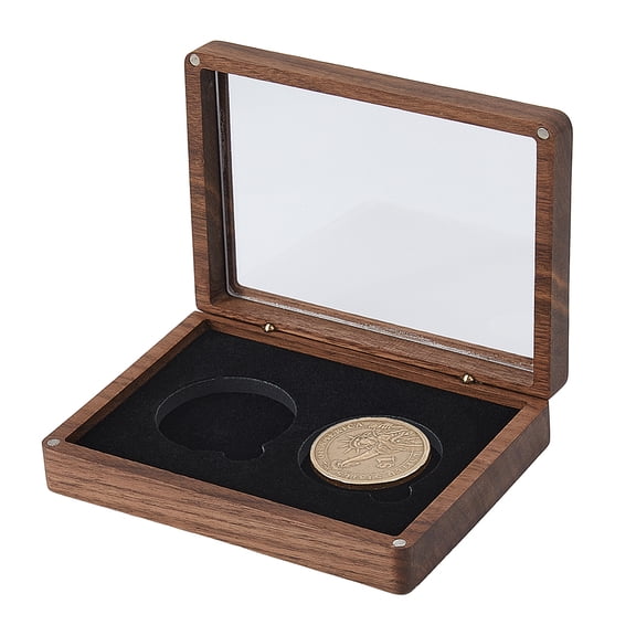 1pc 2-Slot Wood Coin Packaging boxes with Acrylic Window Rectangle Black 13.1x9.5x2.9cm