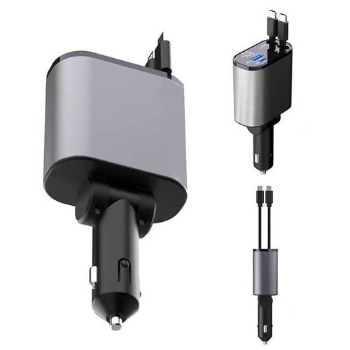 100W 4-in-1 Car Charger - Dual Retractable PD/USB-A Cables, 120W Max Fast Charge