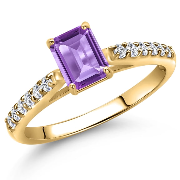 Gem Stone King 10K Yellow Gold Purple Amethyst and Lab Grown Diamond Engagement Ring for Women | 0.70 Cttw | Emerald Cut 6X4MM | Gemstone February Birthstone | Size 6