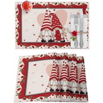 Valentines Placemats Gnome Heart Valentines Day Place Mats for Dining Room Love Roses Red Stripes Washable Table Mats for Kitchen Dining Decorations Set of 6