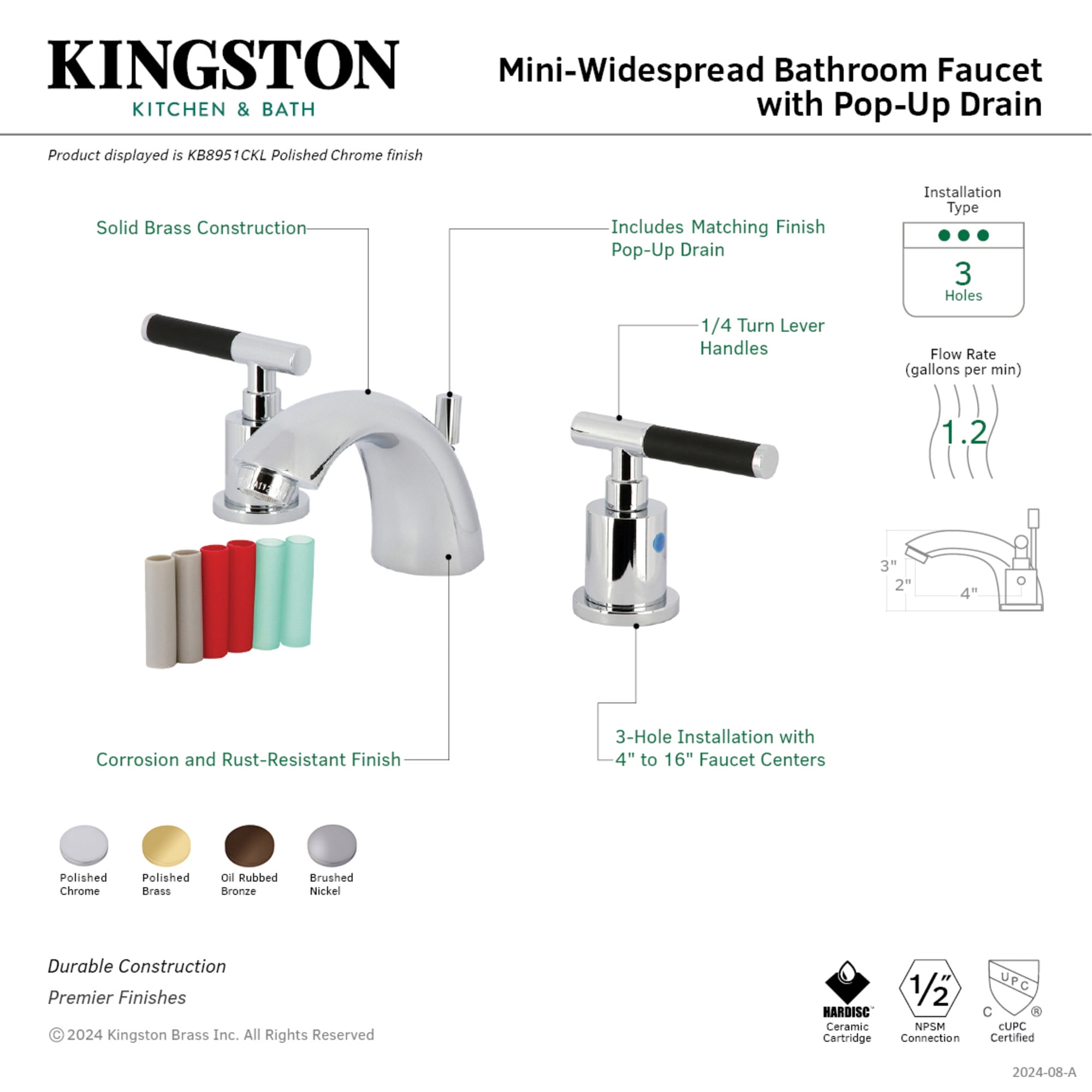 Kingston Brass KB8955CKL Kaiser Mini-Widespread Bathroom Faucet with Pop-Up Drain, Oil Rubbed Bronze
