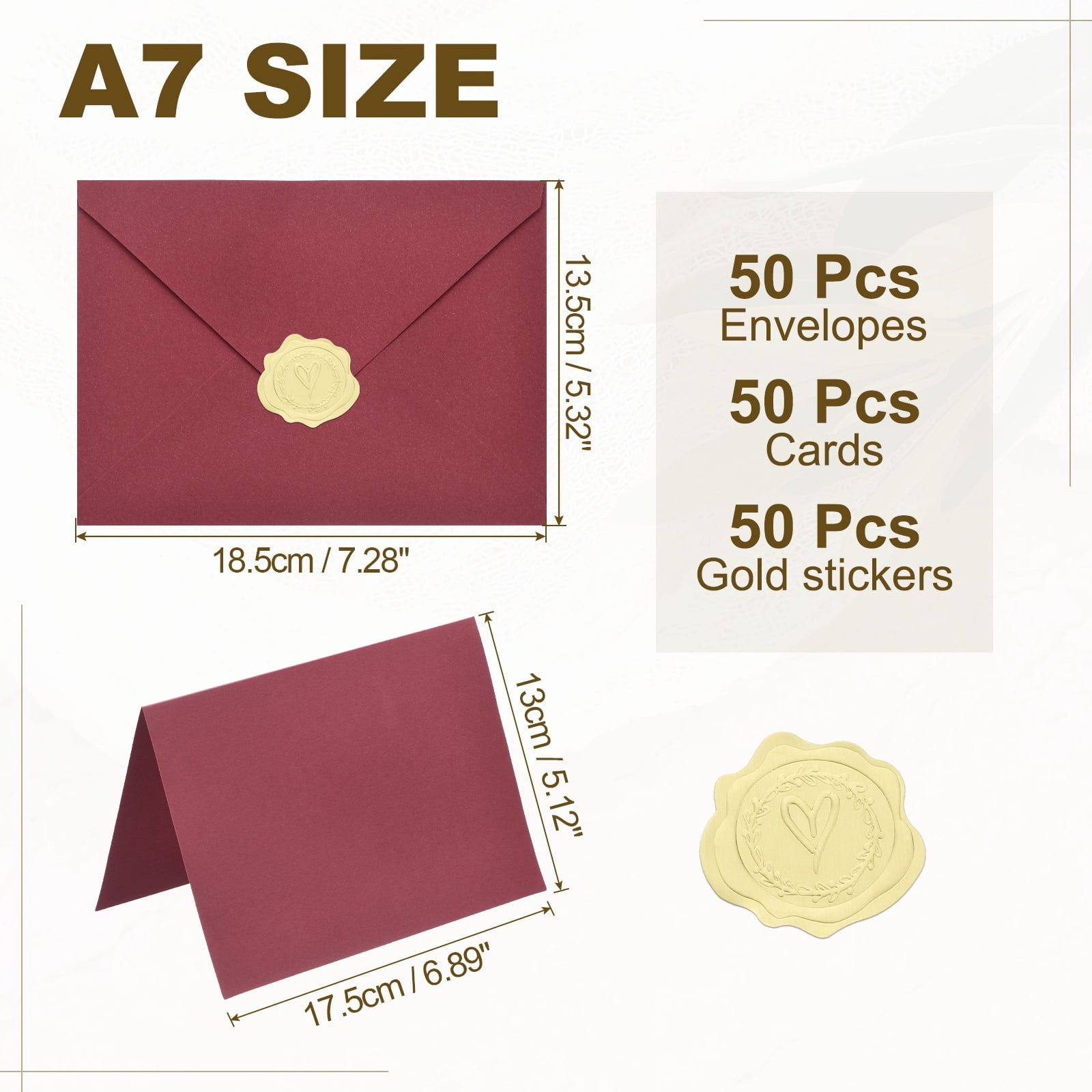 Uxcell 50 Pack Wine Red 5x7 Envelopes with Cards, V Flap A7 Envelopes with Gold Stickers for Greeting Cards and Invitations