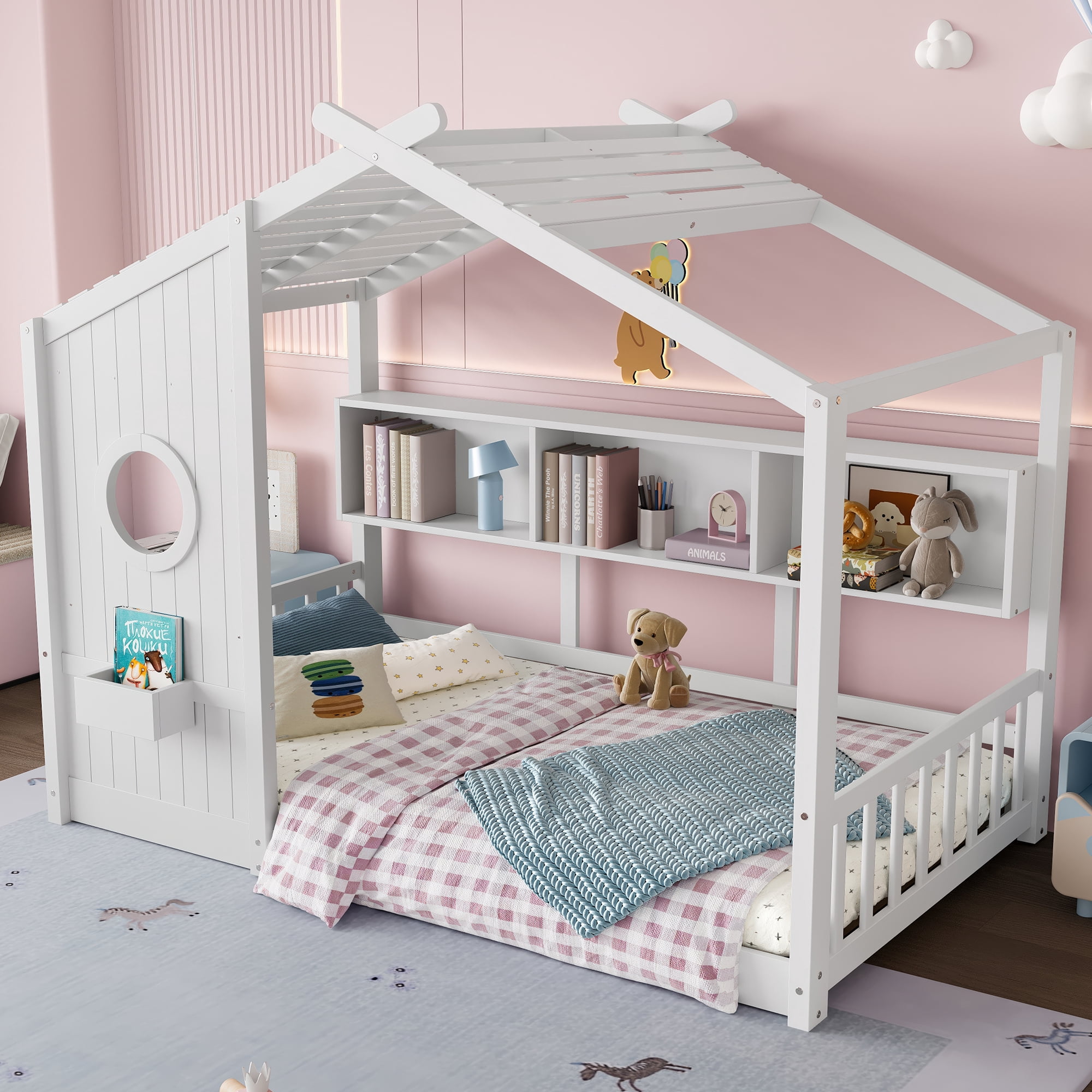 Euroco Wood Twin Size House Bed with Cabinets, Floor Bed with Roof Design and Storage Shelves, White
