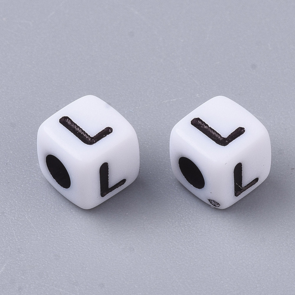 500gs White Opaque Acrylic Beads Horizontal Hole Cube with Black Alphabet Letter.L 4~5x4~5x4~5mm Hole: 1.8mm about 6470~6500pcs/500g