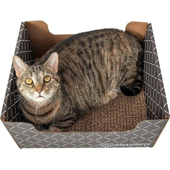Hide & Scratch: Extra-Large Heavy Duty Cardboard Cat Scratcher and Lounger Box with Refillable Scratch Pad (Dark Brown Diamond)