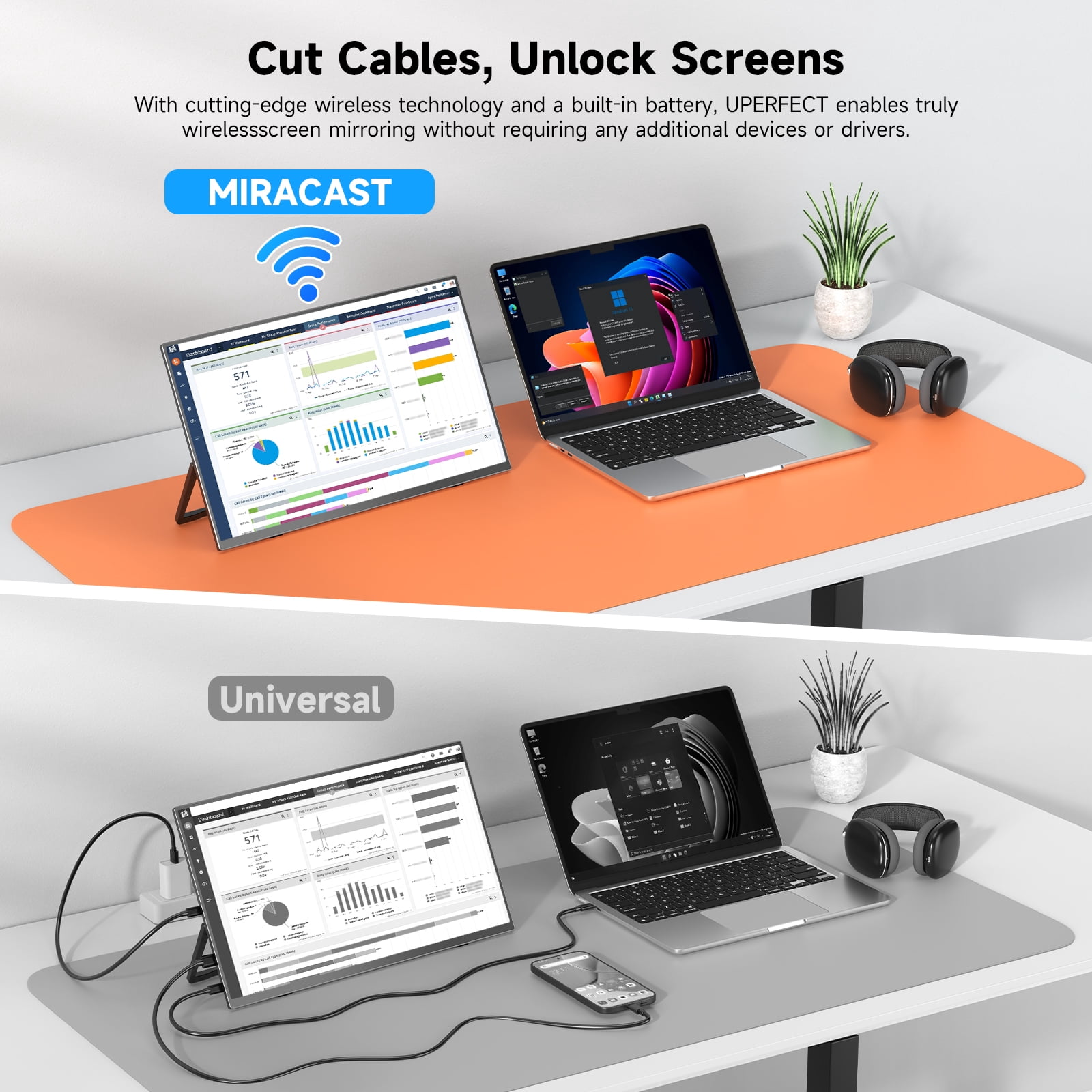 Wireless Portable Monitor W/ 8000mAh Battery, 15.6" 1080P IPS Laptop Screen, Second Computer Gaming Display with Speakers, Travel Monitor for Windows/Mac/Android/iOS/Gaming Console