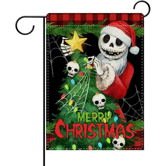 Merry Christmas Jack Decorative Garden Flag, Xmas Tree Santa Skull Skeleton Burlap Yard Home Decoration, Winter Holiday Buffalo Plaid Small Outside Outdoor Decor Double Sided 12 x 18