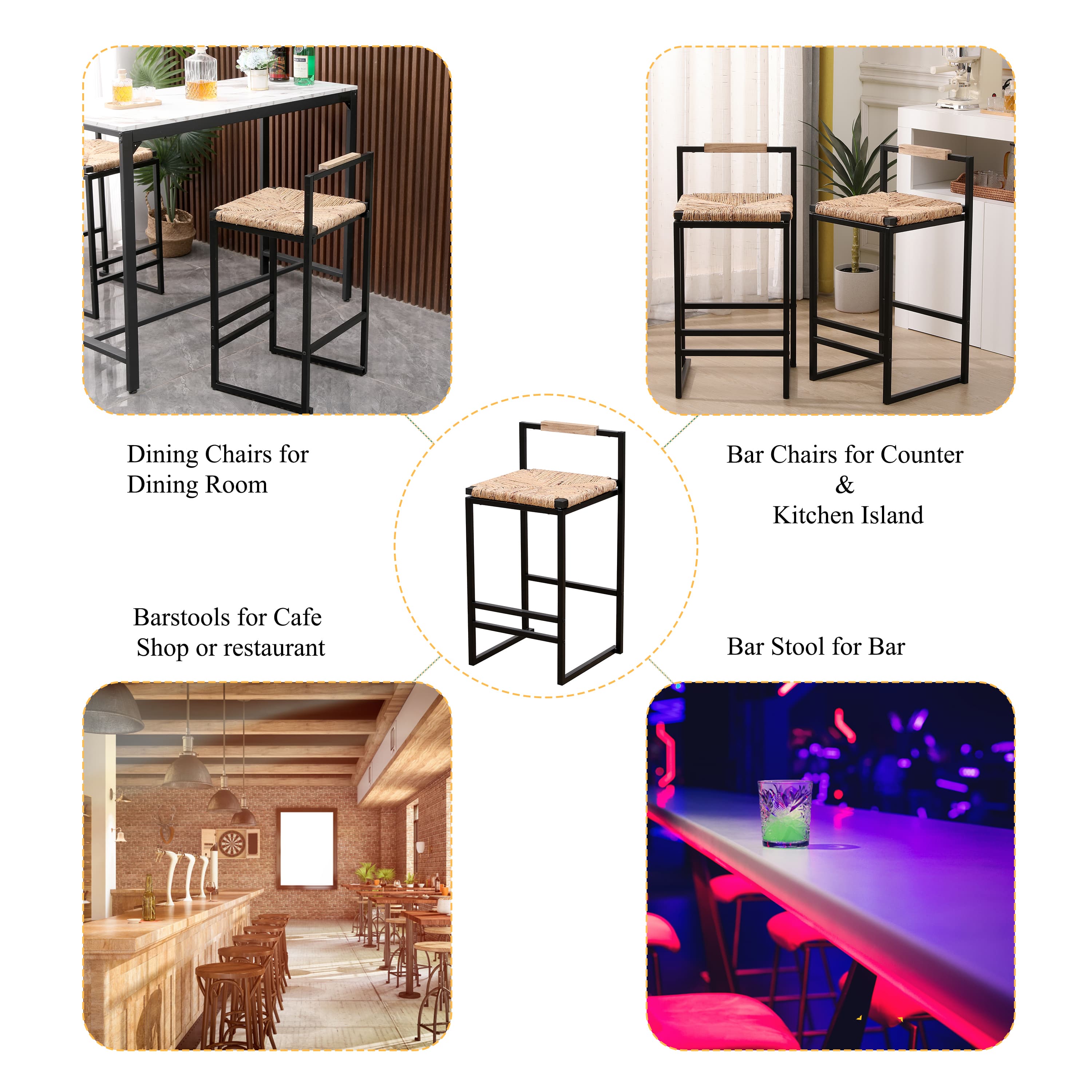 MAYEERTY Water Hyacinth Woven Bar Stools Set of 2 - with Back, Counter Height for Kitchen/Home/Office