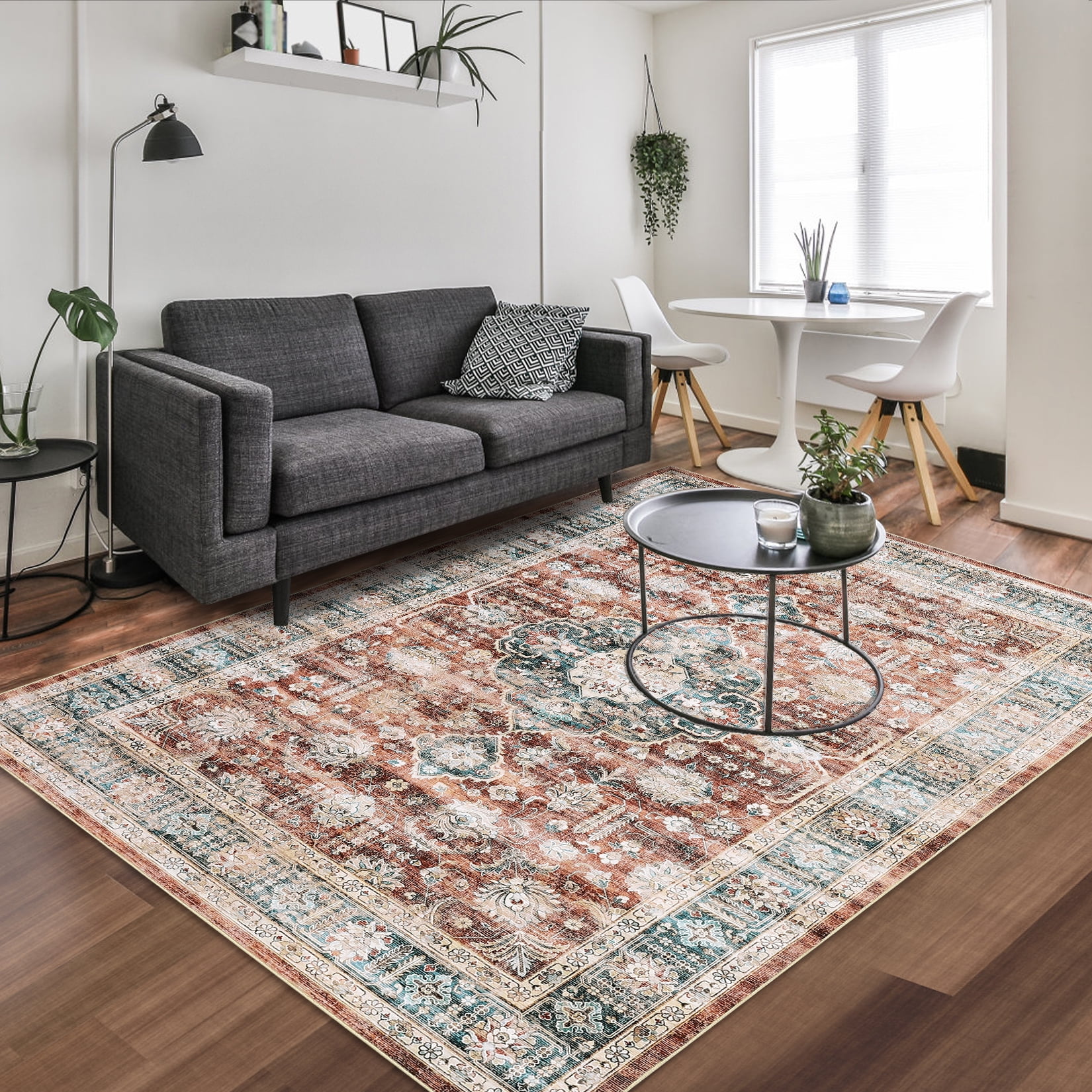 Hasoo 6' x 9' Area Rug Vintage Medallion Distressed Rug Indoor Soft Low Pile Washable Rug for Living Room Home Office Brick Red