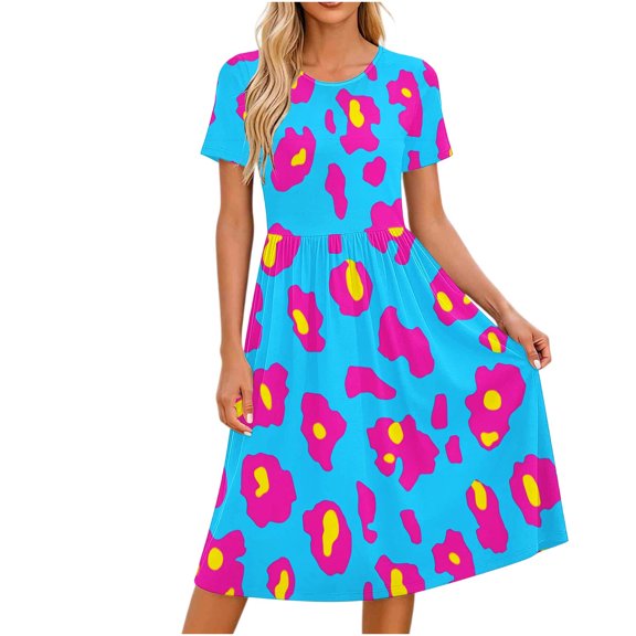 Lopecy-Sta Womens Dresses Short Sleeve Round Neck Leopard Print A Line Midi Dress Casual Summer Beach Vacation Party Dress