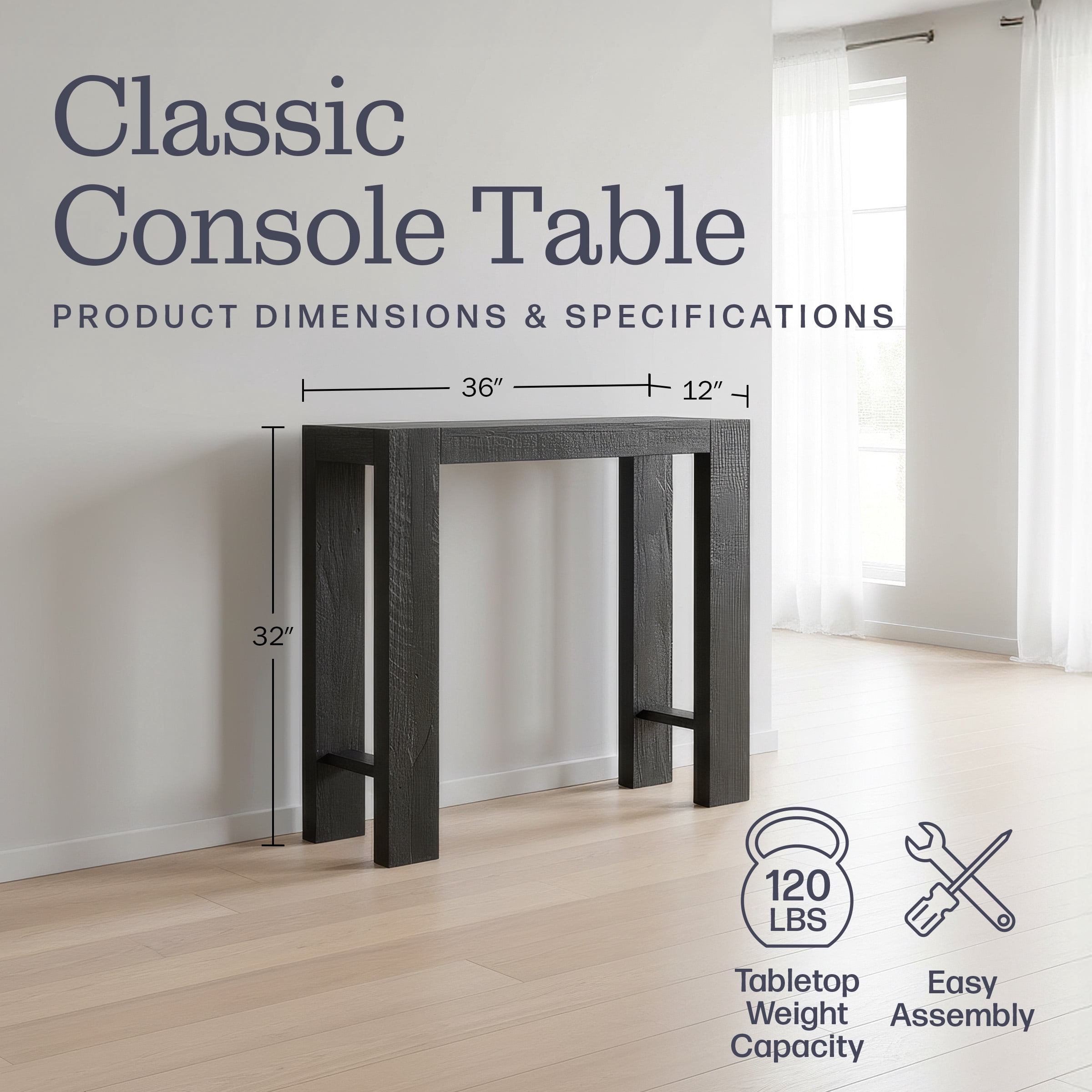 Alaterre Furniture Classic Solid Wood Console Table - 36 Inch Modern Farmhouse Entryway Table, Black
