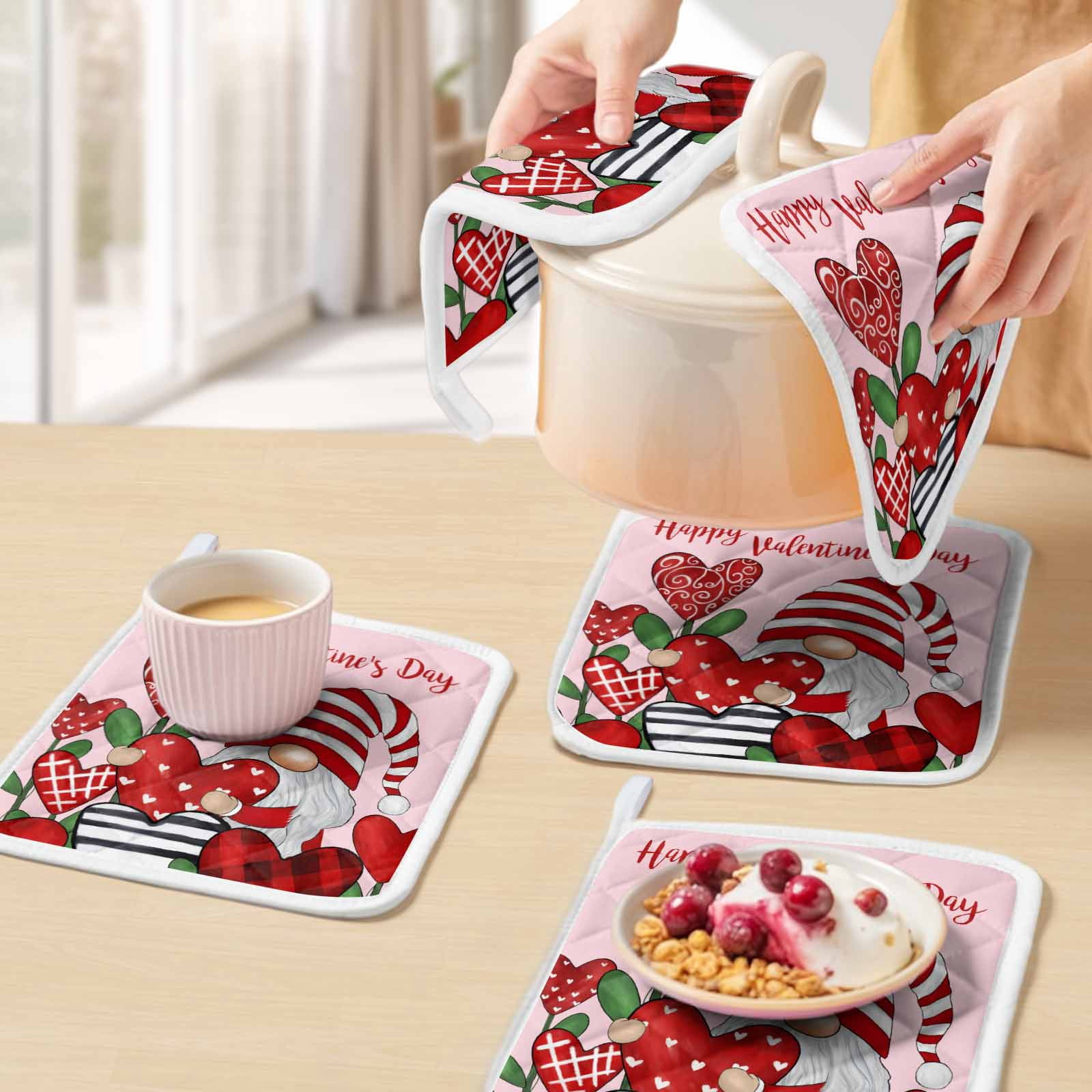 Valentines Pot Holders for Kitchen Heatproof Potholder, 5 Pack Red Love Heart Botanical Gnomes Pink Hot Pads Multipurpose Oven Pads Cloth Potholders Trivet for Cooking Baking