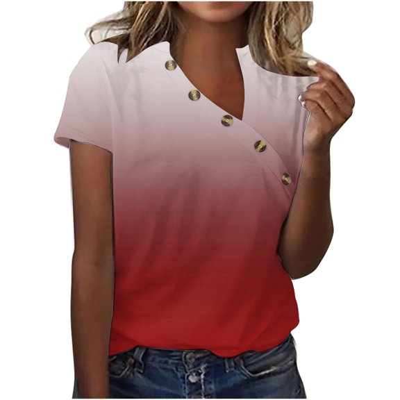 TKLPEHG Womens Short Sleeve Shirts V-Neck Button Plus Size Tshirt Casual Lightweight Comfy Gradient Color Print Fashion Loose Short Sleeve T Shirt Summer Clothes Blouses (Red,XL)