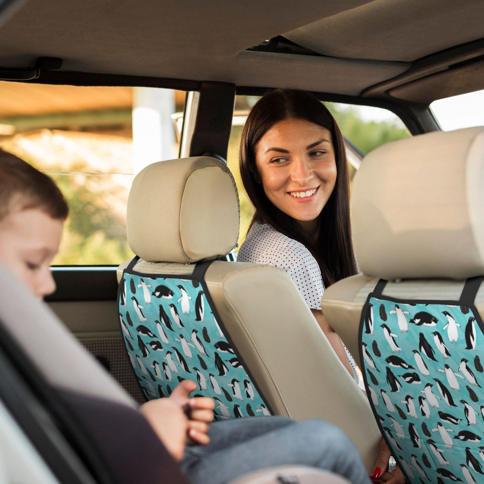 Xecao Penguins Pattern Car Seat Back Protector 2 Pack Large Capacity Pocket, Kick Mats Back Seat Protector