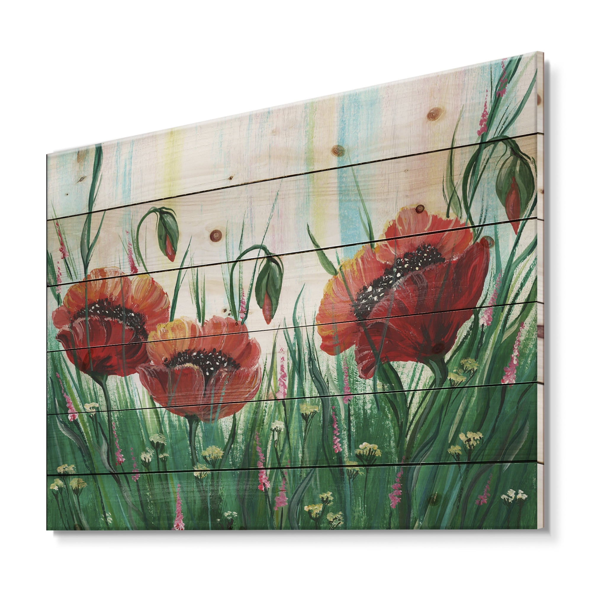 Designart 'Three Red Bright Poppy Flowers On A Green Meadow' Traditional Print on Natural Pine Wood