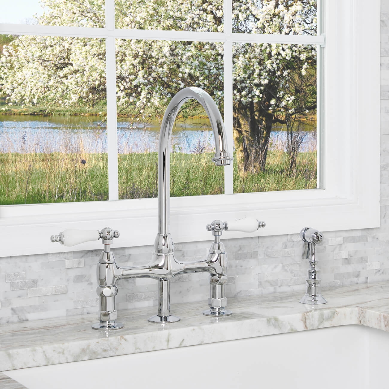 Gooseneck Bridge Style Kitchen Faucet - Porcelain Lever Handles