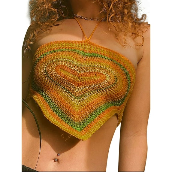 Qiylii Women's Halter Crop Cami Tops, Sleeveless Heart Print Crochet Camisole