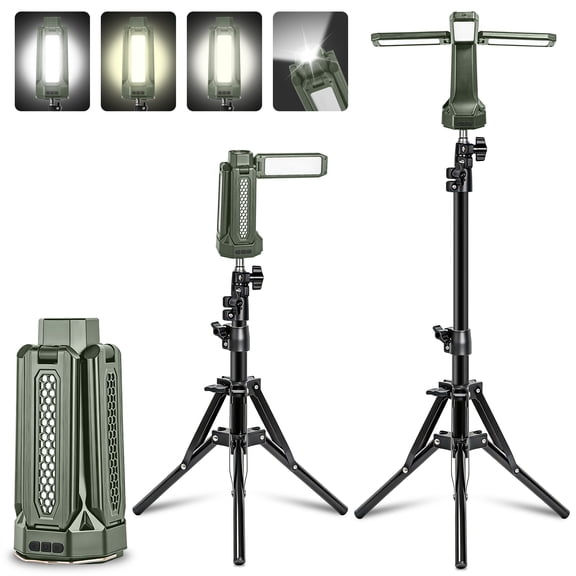 Rechargeable Camping Light with Stand, 16000mAh Cordless Work Light with 4 LED Lamp Heads, 2500 Lumens Foldable Working Lantern with Detachable Tripod, Camping Essentials Gear Emergency Flashlight