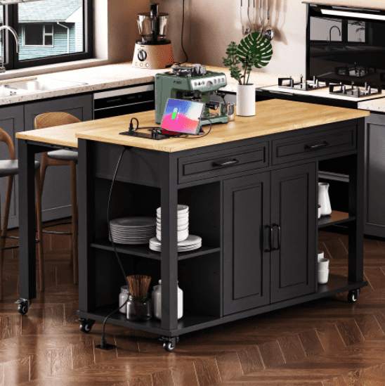Euroco 47 inch Kitchen Island with Extendable Dining Table, Rubber Wood Veneer Kitchen Table with Internal Storage Rack