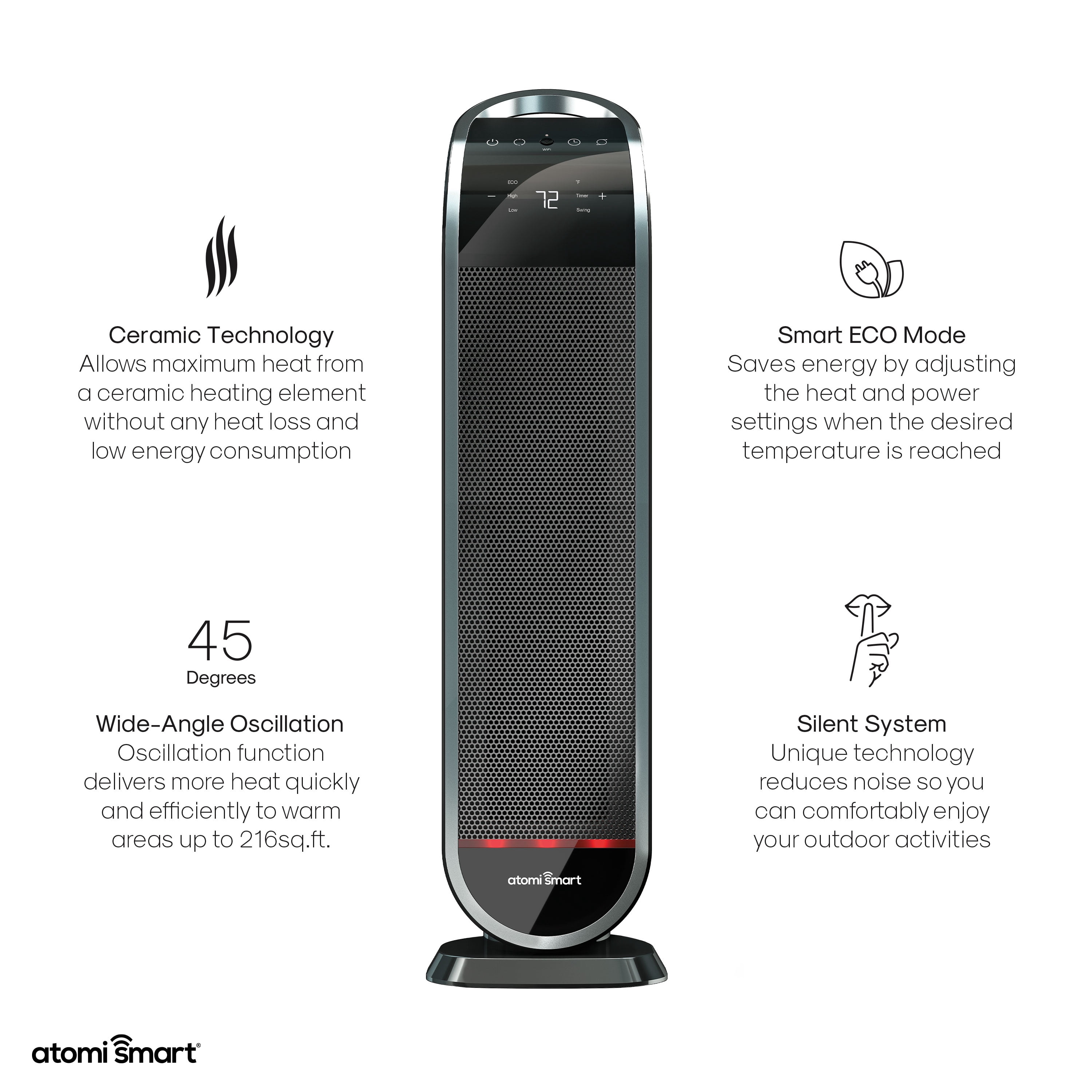 Atomi Smart WiFi 1500W Oscillating Ceramic Portable Tower Space Heater -  2nd Gen | New - Walmart.com