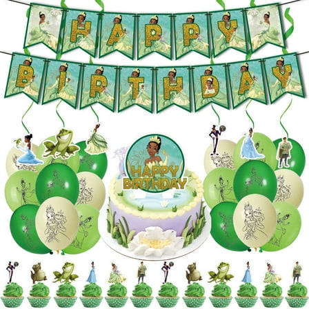 38PCS For Princess and The Frog Birthday Party Decorations,With 1 Happy Birthday Banner Garland,6 Hanging Swirls,13 Cupcake Toppers,18 Balloons for Party Supplies