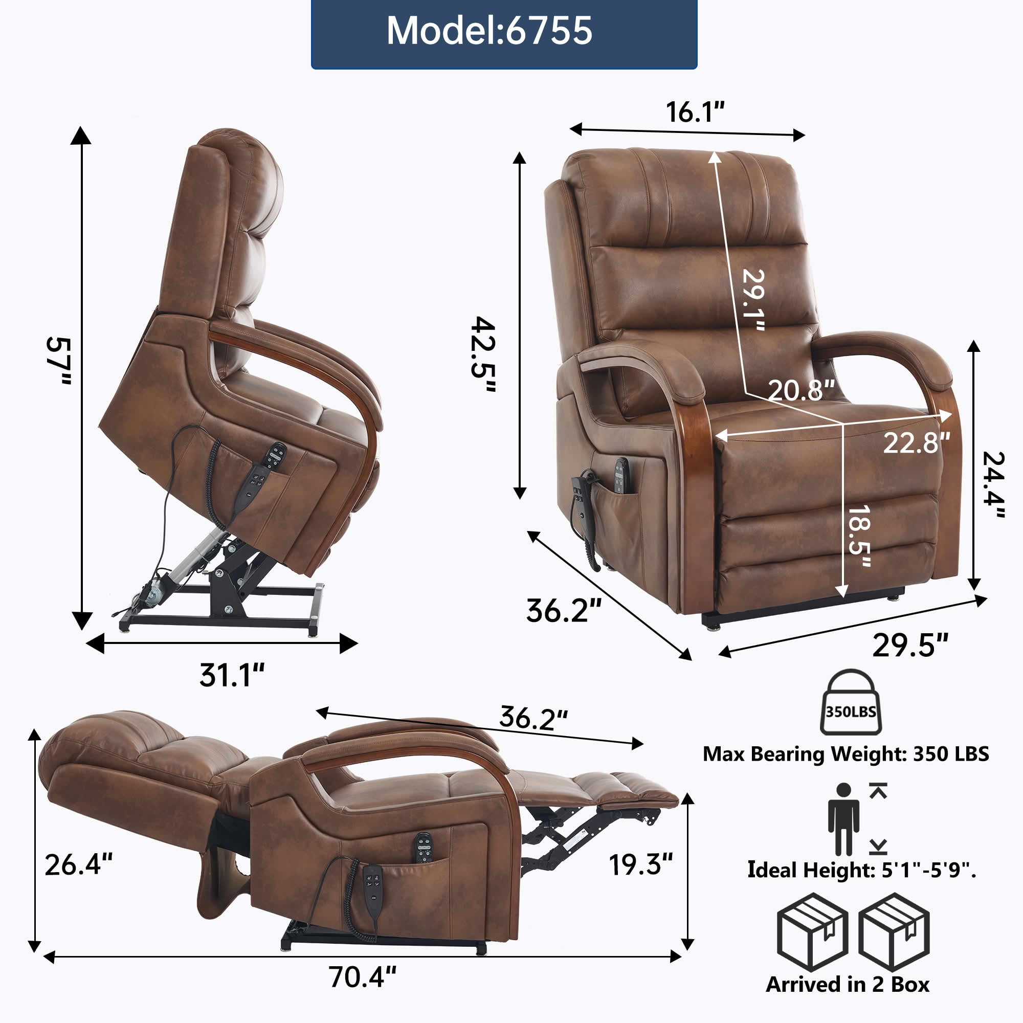 MAYEERTY Brown Leatheraire Dual Motor Power Lift Recliner, 350lbs Solid Wood Armrest Massage Heat 30"x36"x43" for Elderly