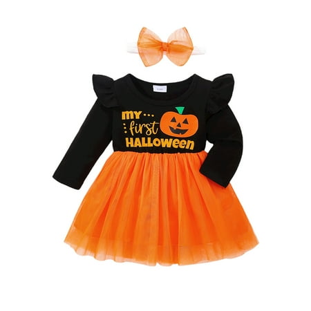 

uukiA Infant 3-24 Months Baby Girls Halloween Baby Girl Mesh Knee Length Fit Dress With Bow Hairband Two Piece Set