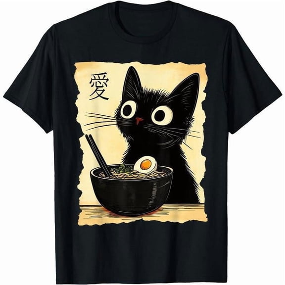 [100% Cotton] Trendy Graphic Funny T-Shirt - Funny Cat Ramen Graphic Tee Japanese Kawaii Anime Cat T-Shirt - Men Women Loose Sports T-Shirt Golf Gift T-Shirt For Men And Women