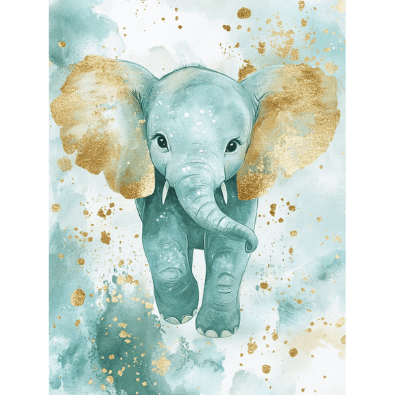 Teal Elephant Gold Watercolor Wall Art Print， Suitable for Living Room， Bedroom， Nursery， Bathroom， and Office Decor