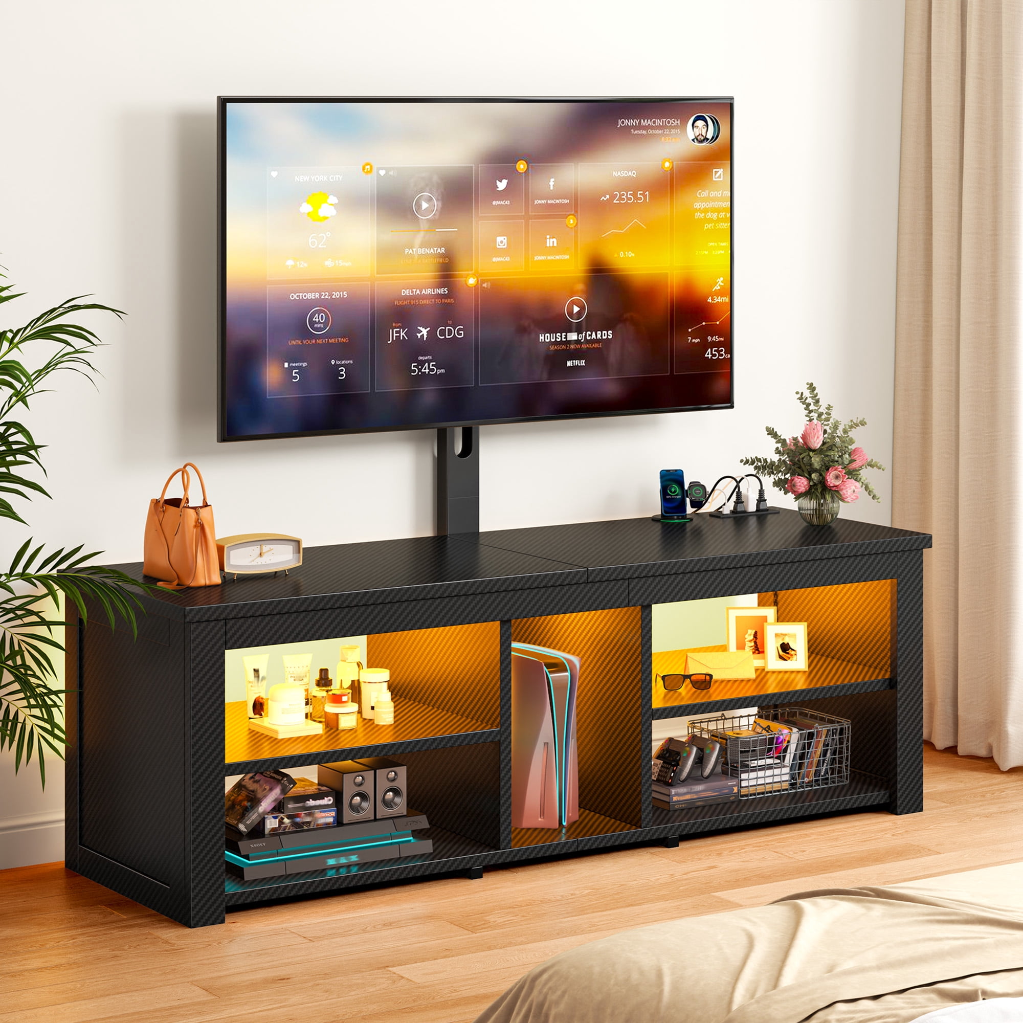 Romorgniz TV Stand with Mount & LED Lights for 70 inch TVs, Swivel Entertainment Center with Power Outlet, Carbon Fiber Black