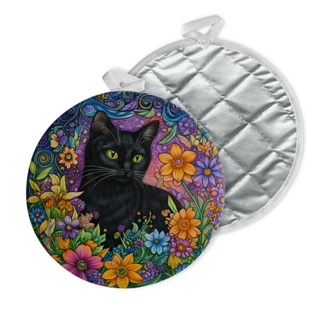 

2 PCS Pot Holders for Kitchen Potholders Sets with Hook for Oven Cooking Baking Black Cat In Colorful Flowers