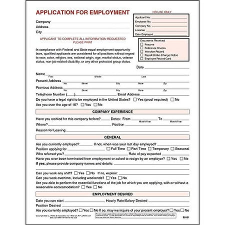 Application for Employment Form, 8.5 x 11, 25 Pack