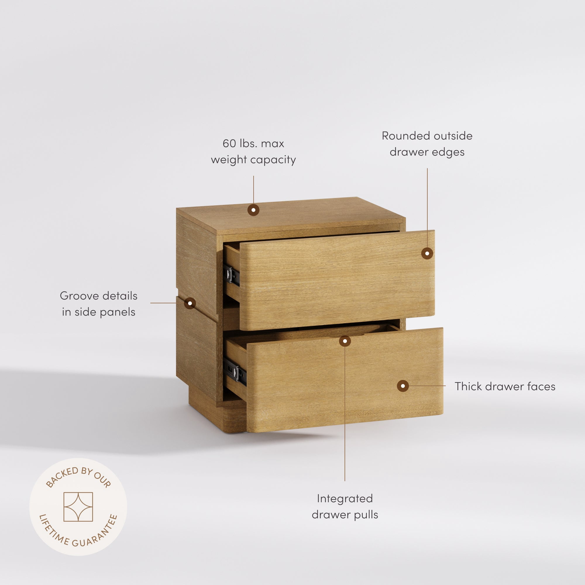 Nathan James Rivelle Modern Contemporary Nightstand with Drawer, Minimalist Solid Wood Bedside Table with 2 Drawers, Light Brown